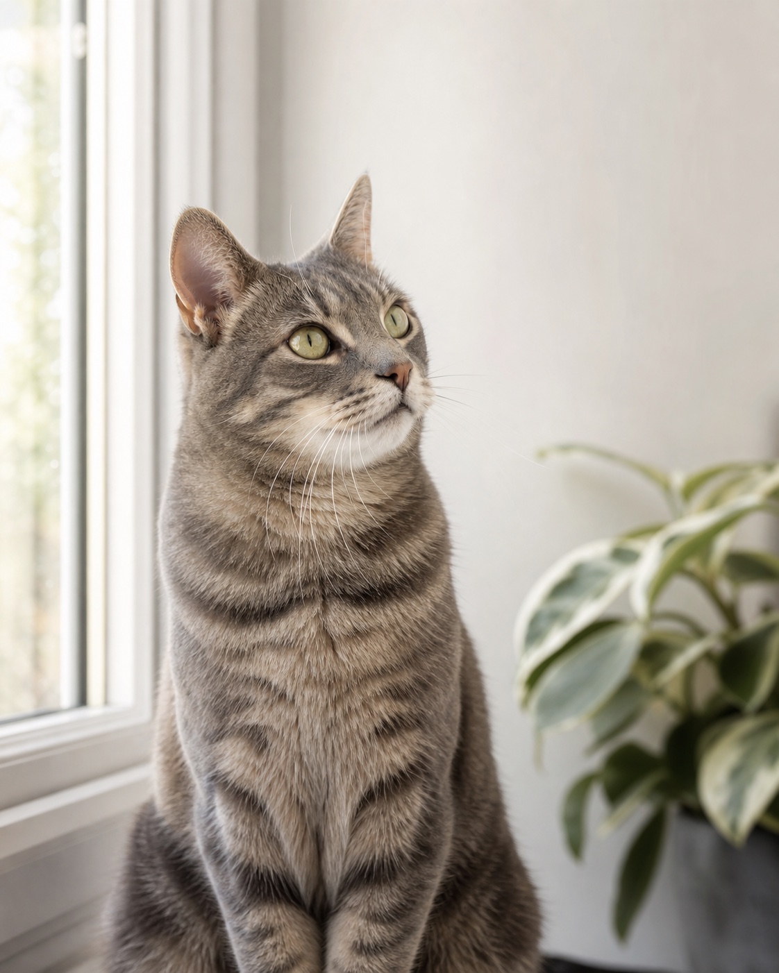 A relaxed grey tabby cat sitting beside a bright window