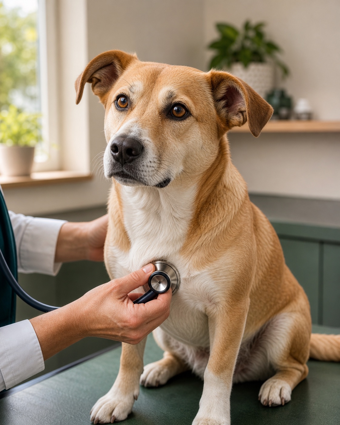 A calm tan and white dog receiving a gentle examination with a stethoscope