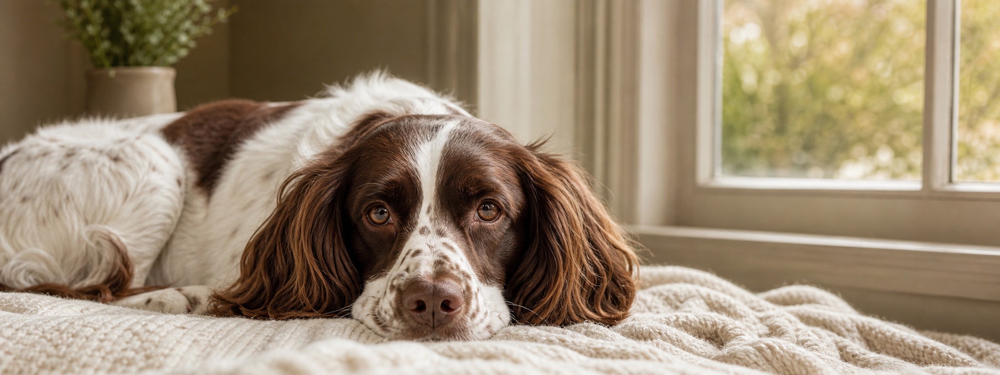 A relaxed brown and white spaniel resting on a cream blanket by a sunlit window